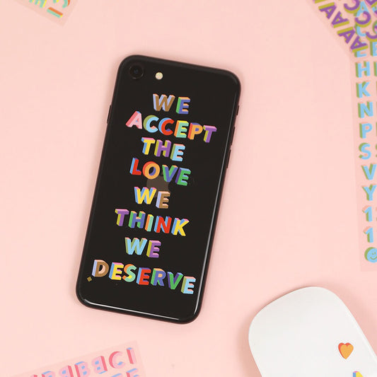 Removable 3D alphabet letter stickers used on a phone case, featuring bold colorful letters from the 3D FUN MIX alphabet sticker set.