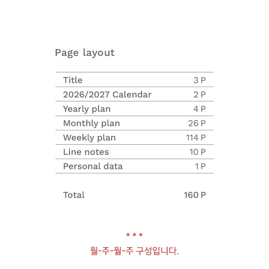 Page layout description with page count for different sections of a 2026/2027 calendar.