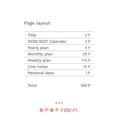 Page layout description with page count for different sections of a 2026/2027 calendar.