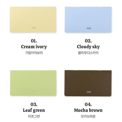 Four color planners labeled 'Cream ivory', 'Cloudy sky', 'Leaf green', and 'Mocha brown' on a white background.