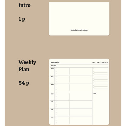 Weekly plan template on a beige background with text indicating it contains 54 pages and each week takes 2 pages.